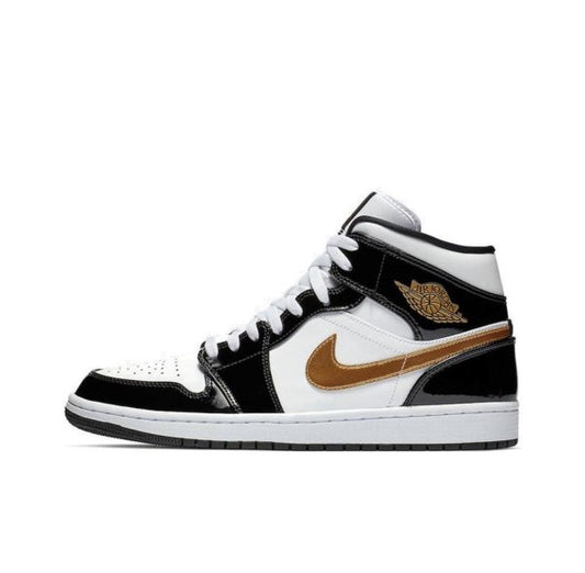 Jordan 1 Mid Patent Negro Blanco Dorado